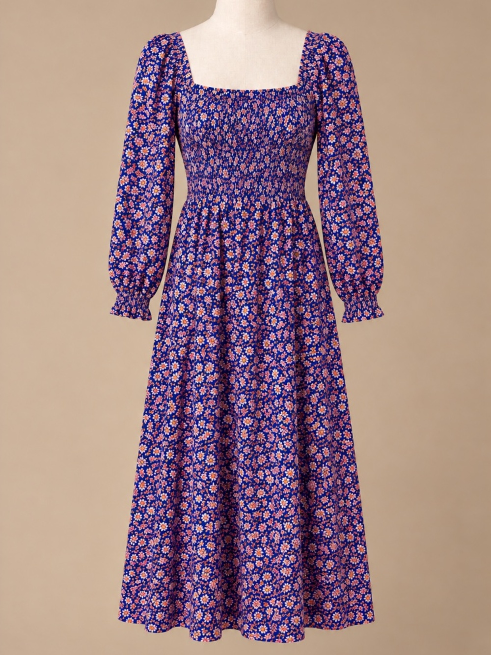 J.Crew XS Blue Floral Smocked Puff Sleeve Midi Dress